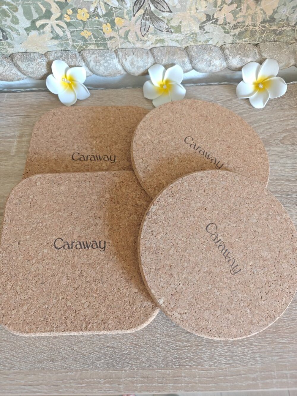 Caraway Cork Round and Square Set of Four Coasters Trivets NWOT